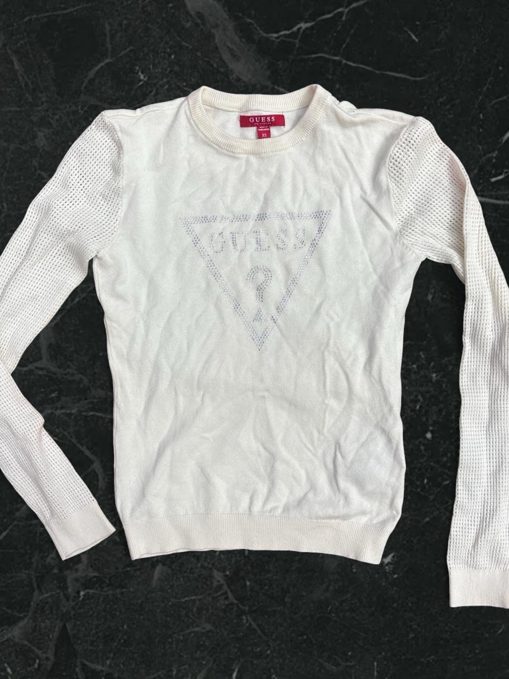 Guess White Mesh-Sleeve Logo Sweater